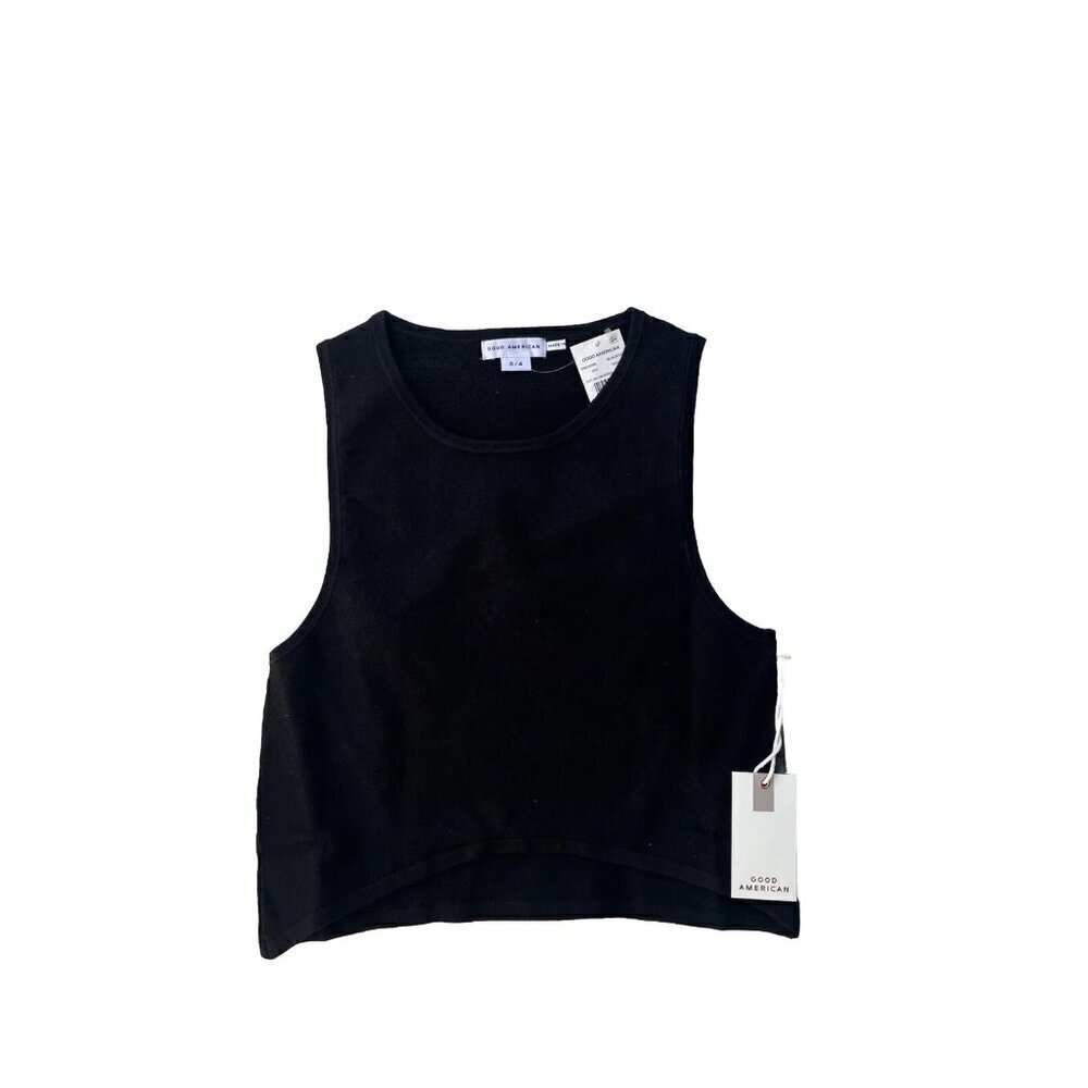 Good American Black Knit Cut In Cropped Pullover Sweater Size 3/4 - Picture 8 of 9